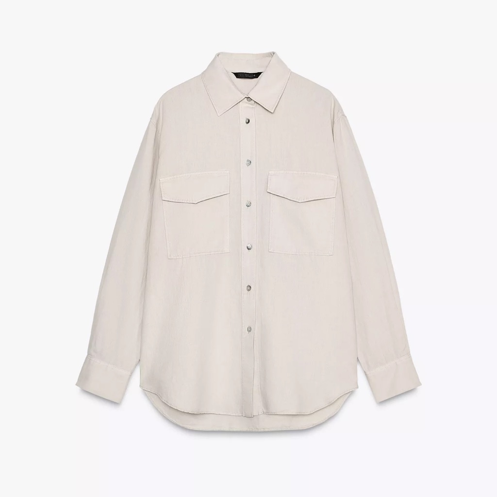 New Zara Linen Blend Long Sleeve Pocket Shirt - Size Xs | Color: Ecru